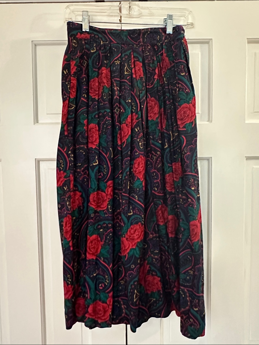 Vintage Charter Club Black Midi Skirt with Red Rose Paisley Print